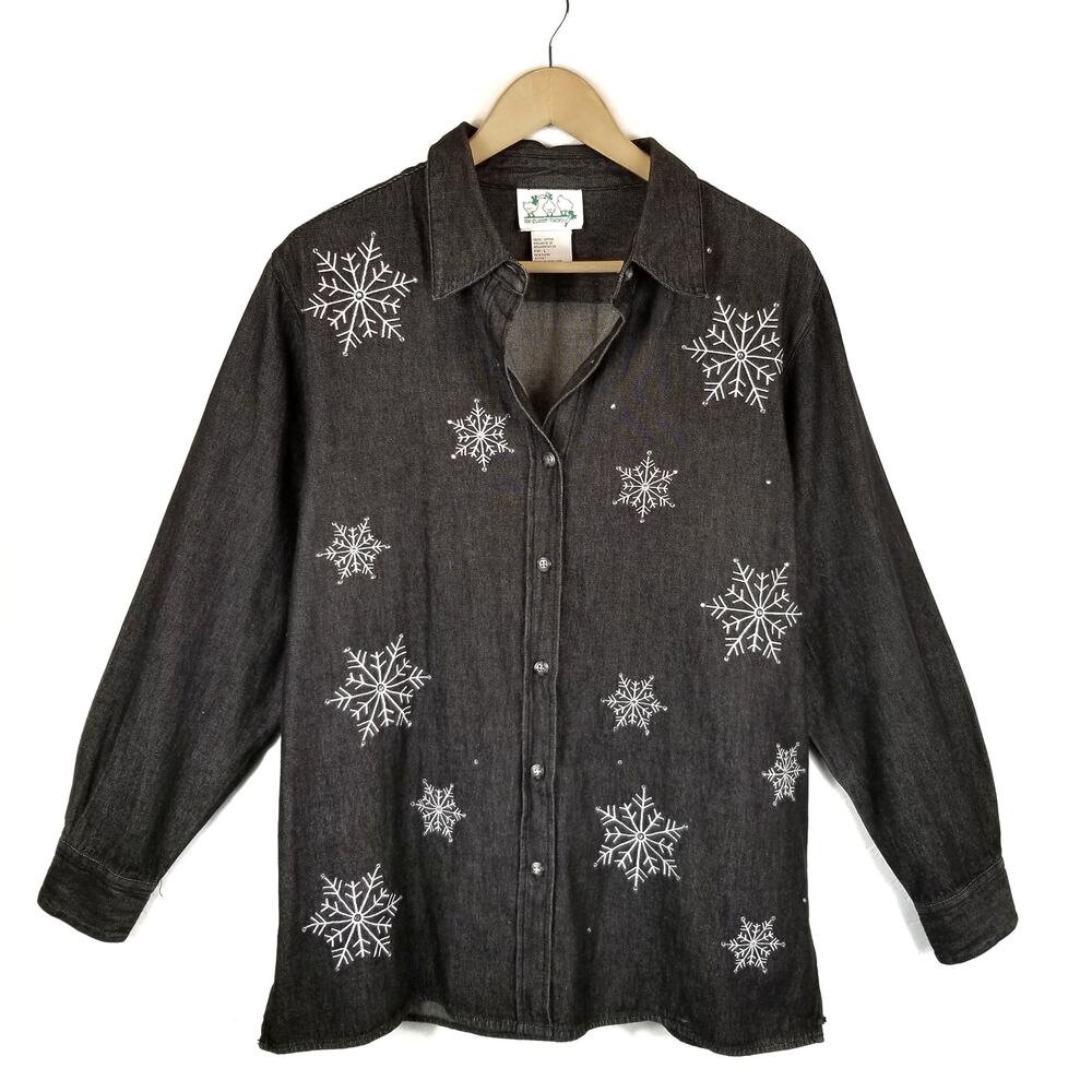 Quacker Factory Black Chambray Snowflake Button Up Shirt Size L Large